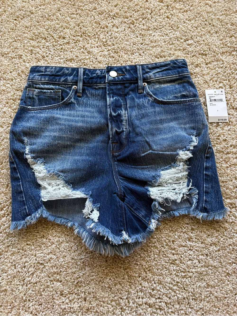 Good American Bombshell Denim‎ Shorts Distressed High Rise Blue Size 2/26 NWT